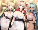  aqua_hair areola_slip blonde_hair blue_eyes blush braid braided_sidelock breasts cleavage cloak dark-skinned_female dark_elf dark_skin dress drill_hair elf eltolinde_(unicorn_overlord) green_cloak green_eyes hair_intakes hair_ribbon highres kashiwamochi_yomogi large_breasts leotard long_hair pointy_ears purple_cloak ribbon rosalinde_(unicorn_overlord) scarlett_(unicorn_overlord) see-through see-through_dress siblings side_braids sisters smile unicorn_overlord variant_set very_long_hair white_leotard 