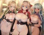  aqua_hair blonde_hair blue_eyes blush braid braided_sidelock breasts cameltoe cleavage cloak dark-skinned_female dark_elf dark_skin dress drill_hair elf eltolinde_(unicorn_overlord) green_cloak green_eyes hair_intakes hair_ribbon highres kashiwamochi_yomogi large_breasts leotard long_hair pointy_ears purple_cloak ribbon rosalinde_(unicorn_overlord) scarlett_(unicorn_overlord) see-through see-through_dress siblings side_braids sisters smile unicorn_overlord variant_set very_long_hair white_leotard 