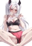  1girl absurdres azur_lane bare_legs barefoot black_bra black_panties bra breasts brown_eyes classic_(zildjian33) cleavage clothes_lift collarbone commentary_request gym_uniform highres large_breasts lifted_by_self looking_at_viewer mole mole_on_breast multicolored_hair navel official_alternate_costume official_alternate_hairstyle open_mouth paid_reward_available panties panty_peek prinz_eugen_(azur_lane) prinz_eugen_(brilliant_touchdown)_(azur_lane) red_hair red_shorts shirt shirt_lift shorts sitting sleeveless sleeveless_shirt solo steaming_body stomach streaked_hair sweat thighs toes two_side_up underwear white_hair white_shirt 