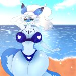 1:1 absurd_res anthro beach bertyborts bianca_(pack-leader) big_breasts blue_body breasts chillet clothing female heart_symbol hi_res nintendo pal_(species) palworld pocketpair pokemon sea smile solo summer swimwear water