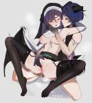  1boy 1girl absurdres alternate_costume black_hands black_hat black_horns black_thighhighs blue_hair blush breasts cross cross_necklace demon_boy demon_horns demon_tail demon_wings elbow_gloves english_commentary female_pubic_hair fingering garter_belt garter_straps genshin_impact gloves habit hat hetero highres horns jewelry kneeling large_areolae long_hair medium_breasts memeh mona_(genshin_impact) necklace nipples no_shoes nun one_eye_closed pubic_hair pubic_tattoo purple_hair pussy pussy_juice scaramouche_(genshin_impact) signature simple_background spread_legs tail tattoo thighhighs toes uncensored white_gloves wings 