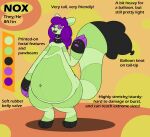 belly big_belly black_body black_tail black_text color_swatch english_text finalcord gesture green_body hair hi_res looking_at_viewer male_(lore) model_sheet nox_(finalcord) pawpads purple_hair purple_paws purple_sclera shadow tail text waving waving_at_viewer