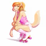 anthro bird_dog blonde_hair bottomwear canid canine canis chest_tuft clothed clothing collar crouching domestic_dog female floppy_ears footwear fully_clothed fur golden_retriever green_eyes hair hi_res hunting_dog inline_skates mammal pink_clothing pink_nose ponytail retriever roller_skates shirt shorts simple_background socks solo tan_body tan_fur tank_top thelupinprincess topwear tuft white_background