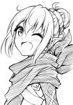  1girl fang fire_emblem fire_emblem_fates hair_bun kana_(female)_(fire_emblem) kana_(fire_emblem) looking_at_viewer monochrome one_eye_closed open_mouth scarf simple_background smile solo ten_(tenchan_man) upper_body white_background 