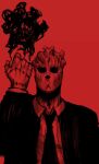  1boy clenched_hand commentary dorohedoro english_commentary highres limited_palette male_focus mask necktie red_background red_thighhighs shin_(dorohedoro) solo stitched_fingers stitched_hand stitches suit thighhighs titann upper_body 