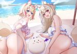  2girls :3 animal_ears ass bare_shoulders beach bikini blonde_hair blue_eyes blue_hair blue_hairband blue_trim blush_stickers breasts crossed_bangs dog_ears dog_girl dog_tail fake_horns fang fangs frilled_bikini frills fuwawa_abyssgard hairband hololive hololive_english horns large_breasts leo_(f_mmmnkm_paint) long_hair looking_at_viewer looking_back lying mococo_abyssgard multicolored_hair multiple_girls ocean on_stomach open_mouth parted_bangs perroccino_(fuwamoco) pink_eyes pink_hair pink_hairband pink_trim sand short_hair siblings sisters skin_fang skin_fangs small_breasts smile sparkle streaked_hair sunlight swimsuit tail tongue tongue_out twins two-tone_hair two_side_up virtual_youtuber water white_bikini 