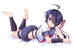  1girl ahoge ass bandaged_arm bandages barefoot black_hair blue_eyes blue_skirt breasts feet_up hair_over_one_eye head_rest kako_(kancolle) kako_kai_ni_(kancolle) kantai_collection large_breasts legs_up long_hair looking_at_viewer lying messy_hair miniskirt neckerchief no_shoes on_stomach pleated_skirt ponytail red_neckerchief school_uniform serafuku skirt smile solo tamagawa_yukimaru the_pose 