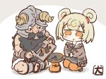  1boy 1girl akanotanin13 animal_ears arknights bear_ears bear_girl beard blonde_hair candy_hair_ornament cooking crossover dungeon_meshi dwarf facial_hair fake_horns food-themed_hair_ornament frying_pan gummy_(arknights) hair_ornament hairclip helmet holding holding_knife horned_helmet horns kitchen_knife knife orange_pantyhose originium_slug_(arknights) pantyhose red_eyes senshi_(dungeon_meshi) short_hair signature sitting 