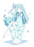  1girl :&gt; absurdres arm_support arms_behind_back bare_shoulders barefoot blue_hair blue_ribbon blue_theme blunt_bangs closed_eyes closed_mouth commentary dot_nose dress flat_chest food full_body hair_ribbon highres ice_cream knees_together_feet_apart kotonoha_aoi light_blue_dress light_blush long_hair low-tied_sidelocks mini_person minigirl mint monochrome ribbon sitting smile solo spaghetti_strap sundress very_long_hair voiceroid white_background zunmut 