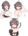  1girl :d ahoge animal_ear_fluff animal_ears animal_hands bell black_bra black_choker blue_hair blush bra braid breasts brown_eyes brown_hair cat_ears cat_paws cat_tail choker cleavage_cutout clothes_lift clothing_cutout collarbone colored_inner_hair cropped_torso cross-shaped_pupils fang gloves green_eyes gym_shirt hair_flaps hashtag-only_commentary heterochromia highres indie_virtual_youtuber kemonomimi_mode lace-trimmed_bra lace_trim large_breasts lifted_by_self light_blue_hair looking_at_viewer medium_hair meica_(vtuber) meme_attire mismatched_pupils multicolored_hair multiple_views neck_bell paw_gloves paw_pose shirt shirt_lift signature single_braid sketch smile solo sprout-shaped_pupils sweat symbol-shaped_pupils tail tamago_nezumi tongue tongue_out underwear v_over_eye virtual_youtuber white_background white_shirt 