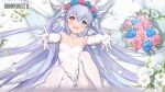  1girl absurdres armpits blue_eyes blue_flower blush bouquet breasts bridal_veil bride brown_dust_2 butterfly_wings collar copyright_name dress elbow_gloves eyebrows_hidden_by_hair flower flower_wreath gloves grey_hair hair_between_eyes head_wreath heterochromia highres insect_wings long_hair looking_at_viewer lying official_art official_wallpaper on_back open_mouth outstretched_arms pantyhose pink_flower red_eyes refithea_(brown_dust) second-party_source small_breasts smile soles solo star-shaped_pupils star_(symbol) symbol-shaped_pupils teeth toes upper_teeth_only veil very_long_hair white_collar white_dress white_flower white_gloves white_pantyhose wings 
