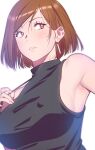  1girl andrian_januar_adilia armpit_crease black_shirt breasts brown_eyes brown_hair commentary earrings english_commentary highres jewelry jujutsu_kaisen kugisaki_nobara large_breasts looking_afar parted_lips shirt short_hair sleeveless sleeveless_shirt solo upper_body 