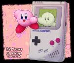 2024 alien alternate_color black_border black_eyes blue_eyes blue_text blush border dated duo electronics english_text feet game_boy game_boy_console game_boy_family game_console kirby kirby_(series) nebbuwu nintendo number pink_background pink_blush pink_body red_feet red_mouth simple_background square_crossover text through_screen waddling_head white_body white_feet white_mouth white_text