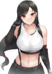 1girl adjusting_clothes black_hair breasts crop_top final_fantasy final_fantasy_vii final_fantasy_vii_remake highres large_breasts long_hair looking_at_viewer low-tied_long_hair navel nori_aji simple_background single_arm_guard skirt smile solo sports_bra steaming_body stomach suspender_skirt suspenders sweat sweaty_clothes tank_top tifa_lockhart upper_body very_sweaty white_tank_top 