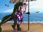 absurd_res anthro beach black_body blue_eyes breast_grab breasts canid canine canis dinosaur domestic_dog dromaeosaurid duo feathers female ferro_(ferrosaur) green_body green_feathers green_markings hand_on_breast hi_res inu_chan male male/female mammal markings nipple_piercing nipples piercing purple_body reptile scalie sea theropod utahraptor water