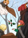  1boy 3girls absurdres animal_head animal_skull bare_tree blonde_hair closed_mouth delfuze elias_ainsworth flying green_eyes harpy hatori_chise highres long_sleeves mahou_tsukai_no_yome mistletoe mistletoe_hair_ornament monster_girl multiple_girls orange_hair ponytail red_eyes skull_head smile tree veil wide_sleeves winged_arms wings 