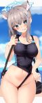  1girl absurdres animal_ear_fluff animal_ears ass_visible_through_thighs bag blue_archive blue_eyes blush breasts clothes_pull competition_swimsuit extra_ears grey_hair halo head_tilt highleg highleg_swimsuit highres jun_(aousa0328) looking_at_viewer low_ponytail medium_breasts mismatched_pupils navel one-piece_swimsuit one-piece_swimsuit_pull shiroko_(blue_archive) shiroko_(swimsuit)_(blue_archive) solo swimsuit two-tone_one-piece_swimsuit two-tone_swimsuit wolf_ears 