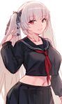  1girl absurdres azur_lane black_ribbon black_sailor_collar black_shirt black_skirt closed_mouth crop_top formidable_(azur_lane) formidable_(the_lover&#039;s_heart_flutters_on_duty)_(azur_lane) hair_ribbon highres kimi_tsuru light_brown_hair long_hair long_sleeves looking_at_viewer midriff navel neckerchief official_alternate_costume pleated_skirt red_eyes red_neckerchief ribbon sailor_collar school_uniform shirt simple_background skirt smile solo stomach two-tone_ribbon very_long_hair white_background white_ribbon 