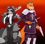 anthro armor belt big_breasts blackbetty breasts canid canine clothed clothing duo female fox franciene_(tango&#039;s_family) fur gun hair hi_res lewis_gunn looking_at_viewer male mammal nun procyonid raccoon ranged_weapon simple_background tail thick_thighs weapon