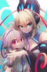  2girls ahoge azure_striker_gunvolt bare_shoulders black_sleeves blonde_hair blue_eyes breasts butterfly_hair_ornament butterfly_wings cleavage detached_sleeves dress energy_wings hair_ornament hand_grab high_ponytail idol insect_wings joule_(gunvolt) large_breasts long_hair lumen_(gunvolt) multicolored_hair multiple_girls pink_hair purple_eyes purple_hair short_hair sidelocks smile strapless strapless_dress twitter_username two-tone_hair upper_body white_dress wide_sleeves wings zukoko_rkgk 