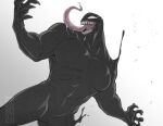  1boy bara black_skin colored_skin cowboy_shot dutch_angle evil_smile large_pectorals long_tongue male_focus monster_boy muscular muscular_male outstretched_arms pectorals saliva sharp_teeth slime_boy smile solo spread_arms standing symbiote teeth tongue tongue_out venom_(2018) venom_(marvel) weatherbane 