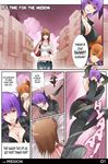  ayane_(doa) bad_id bad_pixiv_id breasts brown_hair cleavage comic dead_or_alive denim emphasis_lines english hairband hitomi_(doa) jeans kasumi_(doa) large_breasts midriff multiple_girls navel pants purple_hair tank_top x-teal2 
