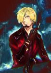  1boy absurdres black_gloves blonde_hair cigarette cloud cloudy_sky coat commentary_request curly_eyebrows facial_hair furol_nicoco gloves goatee hair_over_one_eye highres male_focus mustache one_piece rain red_coat sanji_(one_piece) short_hair sky solo suit 