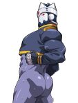  1boy abs ass bara character_request colored_skin cowboy_shot gloves highres kinnikuman looking_at_viewer looking_back male_focus muscular muscular_male profile purple_skin shirako_(kirupi) solo sweat thighs very_sweaty 