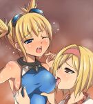  2girls bare_shoulders blonde_hair blue_eyes blush breasts brown_background brown_eyes commentary_request covered_nipples djeeta_(granblue_fantasy) fang flying_teardrops goggles goggles_on_head grabbing grabbing_another&#039;s_breast gradient_background granblue_fantasy hairband kazetuki large_breasts licking licking_nipple multiple_girls nipple_stimulation nipple_tweak nipple_tweak_through_clothes one_eye_closed open_mouth pengy_(granblue_fantasy) red_hairband saliva shiny_skin short_hair short_twintails sideboob simple_background steam sweat tears third-party_source tongue tongue_out twintails upper_body yuri 