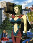  1990s_(style) 1boy 2girls alien blue_sky boombox breasts building car carrying_over_shoulder cityscape cloud drumsticks english_commentary fingerless_gloves fire_bomber gloves green_hair highres key_visual macross macross_7 magazine_scan meltrandi miclone motor_vehicle multiple_girls muscular muscular_female official_art official_style pointy_ears promotional_art retro_artstyle road scan science_fiction serious sky spiked_hair street surprised translation_request tree uniform veffidas_feaze yamaoka_shin&#039;ichi zentradi 