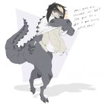  1:1 anthro big_breasts black_hair blonde_highlights bra breasts cleavage clothed clothing clothing_lift crocodile crocodilian crocodylid dialogue dullvivid english_text female grey_body grey_scales hair half-closed_eyes hi_res highlights_(coloring) huge_breasts narrowed_eyes open_mouth open_smile panties reptile scales scalie scut_tail scutes sharp_teeth shirt shirt_lift short_tail simple_background smile solo tail teeth text topwear underwear white_background yellow_sclera 