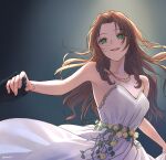  1boy 1girl aerith_gainsborough aerith_gainsborough_(white_floral_dress) aireborn bare_arms bare_shoulders black_gloves breasts brown_hair cloud_strife dress dress_flower final_fantasy final_fantasy_vii final_fantasy_vii_rebirth final_fantasy_vii_remake flower gloves gold_necklace green_eyes hetero highres jewelry long_dress long_hair looking_at_another medium_breasts necklace out_of_frame parted_bangs parted_lips rose sidelocks smile stage_lights strapless strapless_dress twitter_username upper_body wavy_hair white_dress yellow_flower yellow_rose 