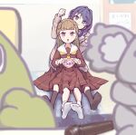  2girls :o against_wall ankle_socks black_socks blue_eyes blue_hair blue_ribbon blunt_bangs blurry blurry_foreground braid brown_cardigan brown_dress brown_hair cardigan carpet center-flap_bangs clenched_hands closed_mouth dark_blue_hair dress hair_ribbon hands_up hasu_no_sora_school_uniform heart holding holding_heart kachimachi_kosuzu laorenxing leaning_to_the_side link!_like!_love_live! long_hair long_sleeves looking_at_viewer love_live! low_twintails medium_dress microphone multiple_girls murano_sayaka neckerchief no_shoes open_mouth outstretched_legs pink_eyes pleated_dress poster_(object) ribbon sailor_collar sailor_dress school_uniform side_braids sitting sitting_on_lap sitting_on_person smile socks straight_hair stuffed_dinosaur stuffed_koala teeth twintails upper_teeth_only virtual_youtuber white_sailor_collar white_socks winter_uniform yellow_neckerchief 