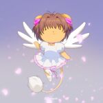  1other :3 arm_up artist_name brown_hair cardcaptor_sakura chibi cosplay dress feicangyuki hair_ribbon kero_(cardcaptor_sakura) kinomoto_sakura kinomoto_sakura_(cosplay) looking_at_viewer other_focus puffy_short_sleeves puffy_sleeves ribbon short_hair short_sleeves tail white_dress white_footwear white_wings wings 