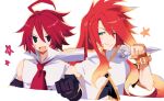  2boys adell_(disgaea) ahoge black_gloves blue_eyes disgaea gloves hair_between_eyes high_collar highres holding holding_sword holding_weapon kasumi_koujou long_hair luke_fon_fabre makai_senki_disgaea_2 male_focus multiple_boys open_mouth red_hair smile star_(symbol) sword tales_of_(series) tales_of_the_abyss weapon white_background 
