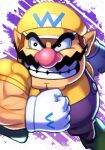  1boy absurdres big_nose brown_hair cleft_chin facial_hair gloves grin hat highres muscular muscular_male mustache overalls pink_nose pointy_ears purple_overalls shirt silverchariotx smile thick_eyebrows wario wario_land white_gloves yellow_hat yellow_shirt 