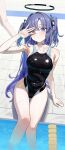  1girl absurdres alternate_costume armpits black_halo black_one-piece_swimsuit blue_archive blue_eyes blush breasts commentary competition_swimsuit feet_out_of_frame hair_intakes halo hand_on_own_face hashtag-only_commentary highres ildy long_hair looking_at_viewer mechanical_halo medium_breasts one-piece_swimsuit parted_bangs parted_lips poolside red_pupils sitting solo_focus swimsuit symbol-only_commentary thigh_gap tile_floor tiles triangle_hair_ornament two_side_up yuuka_(blue_archive) 