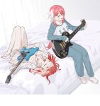  2girls bare_legs barefoot bedroom blue_pants blue_shirt bocchi_the_rock! closed_eyes commentary_request electric_guitar food-themed_hair_ornament full_body gotoh_hitori guitar hair_ornament highres holding holding_guitar holding_instrument holding_plectrum indoors instrument kita_ikuyo korean_commentary long_hair long_sleeves lying multiple_girls music on_back on_bed open_mouth pajamas pants pink_hair playing_guitar plectrum red_hair shirt singing sitting smile strawberry_hair_ornament white_shirt zhr100 