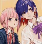  2girls :o black_jacket blazer blue_eyes blunt_bangs bow bowtie braid brown_background collared_shirt colored_inner_hair diamond_earrings drop_earrings earrings grin heads_together highres holding_another&#039;s_arm isshiki_(ffmania7) jacket jewelry kaf_(kamitsubaki_studio) kamitsubaki_studio leaning_to_the_side light_blush long_hair looking_at_viewer low_twin_braids medium_hair multicolored_eyes multicolored_hair multiple_girls neck_ribbon pink_hair purple_bow purple_bowtie red_eyes red_ribbon ribbon rim_(kamitsubaki_studio) school_uniform shirt signature simple_background smile twin_braids upper_body virtual_youtuber white_shirt yellow_pupils 