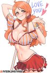  1girl alternate_hairstyle blush breasts cleavage closed_mouth detached_sleeves english_commentary english_text hair_ornament heart highres holding holding_polearm holding_weapon large_breasts log_pose long_hair midriff miniskirt nami_(one_piece) navel one_piece orange_eyes orange_hair patreon_logo polearm red_skirt rita_ya shoulder_tattoo skirt smile tattoo thighs weapon 