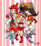  5girls ana_(warioware) ashley_(warioware) black_hair blue_eyes braid brown_eyes coat crop_top double_bun dress glasses gloves goggles goggles_on_headwear hair_bun hair_ornament heart helmet holding holding_stuffed_toy kat_(warioware) lab_coat low_twin_braids midriff miniskirt mona_(warioware) multiple_girls navel omu_(sinsindan) open_mouth orange_hair penny_crygor pink_footwear pink_gloves pink_hair red_dress red_eyes red_footwear red_skirt single_hair_bun skirt smile stuffed_toy twin_braids twintails warioware white_coat 