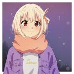  1girl blonde_hair blush closed_mouth commentary hair_ornament hairclip highres jacket looking_at_viewer lycoris_recoil nishikigi_chisato one_side_up open_clothes open_jacket orange_scarf purple_jacket red_eyes ryuryu_7150 scarf shirt short_hair snow solo upper_body white_shirt winter_clothes 