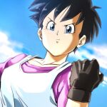  1girl black_hair blue_eyes clenched_hand closed_mouth cloud collarbone dragon_ball dragon_ball_z fingerless_gloves gloves kemachiku looking_at_viewer lowres shirt short_hair solo videl white_shirt 