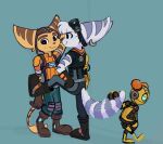 2024 against_surface against_wall anthro belt boots brown_stripes clothing cybernetic_arm cybernetic_limb ear_piercing ear_ring eyebrows eyewear eyewear_on_head female footwear fur goggles goggles_on_head group hand_on_hip hand_on_tail headgear headwear kit_(ratchet_and_clank) lombax machine male mammal piercing purple_stripes ratchet_(ratchet_and_clank) ratchet_and_clank ring_piercing rivet_(ratchet_and_clank) robot smile sony_corporation sony_interactive_entertainment striped_body striped_fur stripes tail time_fluffy500 trio yellow_body yellow_fur