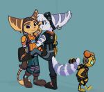  2024 against_surface against_wall anthro belt boots brown_stripes clothing cybernetic_arm cybernetic_limb ear_piercing ear_ring eyebrows eyewear eyewear_on_head female footwear fur goggles goggles_on_head group hand_on_hip hand_on_tail headgear headwear kit_(ratchet_and_clank) lombax machine male mammal piercing purple_stripes ratchet_(ratchet_and_clank) ratchet_and_clank ring_piercing rivet_(ratchet_and_clank) robot smile sony_corporation sony_interactive_entertainment striped_body striped_fur stripes tail time_fluffy500 trio yellow_body yellow_fur 