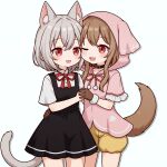  2girls :3 animal_ears animal_hood blush brown_hair cat_ears cat_girl cat_tail collar dress fang fur-trimmed_gloves fur_trim gloves grey_hair highres holding_hands hood hood_up multiple_girls neck_ribbon open_mouth ouka_miko pinafore_dress red_eyes ribbon sayo_(voicevox) short_hair short_hair_with_long_locks short_sleeves shorts sleeveless sleeveless_dress suuchi_maigo_(nan) tail utau voicevox wolf_girl wolf_tail 