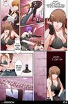  ayane_(doa) bad_id bad_pixiv_id breasts bridge brown_hair cleavage comic dead_or_alive denim emphasis_lines english hairband hitomi_(doa) huge_breasts jeans kasumi_(doa) kicking large_breasts midriff multiple_girls navel open_mouth pants pantyhose ponytail punching purple_hair x-teal2 