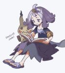  1girl acerola_(pokemon) ahoge armlet book closed_mouth commentary_request dress full_body holding holding_book mimikyu open_book ototoi_(eevees813) pokemon pokemon_(creature) pokemon_sm purple_dress purple_eyes purple_hair sandals short_sleeves smile white_background 