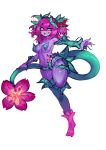  absurd_res anthro breasts clothed clothing elemental_creature elemental_humanoid female flora_fauna hair hi_res humanoid leaf_pasties medium_breasts navel pasties pink_hair plant plant_humanoid plant_tail purple_body purple_skin red_eyes sharp_teeth skimpy skysakura solo spiral_eyes tail teeth thick_thighs under_boob wide_hips 