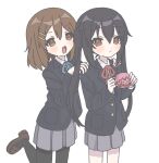  2girls :d black_hair black_jacket black_pantyhose blazer blue_ribbon brown_eyes brown_footwear brown_hair closed_mouth cup grey_skirt hair_ornament hairclip hands_on_another&#039;s_shoulders hirasawa_yui holding holding_cup jacket k-on! loafers long_hair looking_at_viewer multiple_girls nakano_azusa nanonome neck_ribbon pantyhose pleated_skirt red_ribbon ribbon sakuragaoka_high_school_uniform school_uniform shoes short_hair simple_background skirt smile standing teacup teeth tongue twintails upper_teeth_only white_background winter_uniform 